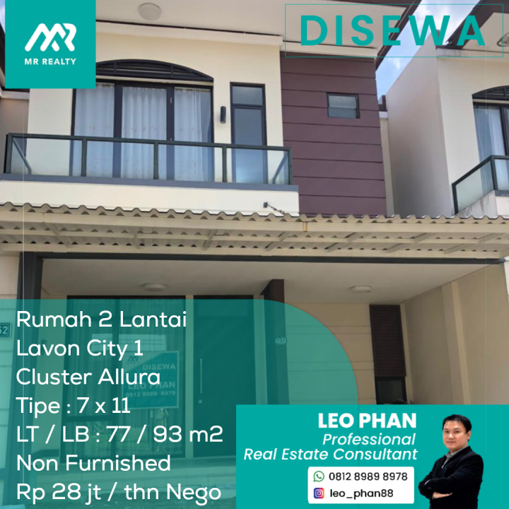 Rumah 2 Lantai Lavon City 1 Cluster Allura, Tipe 7X11, Lt/Lb 77/93 M2, Semi Furnished