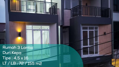 Rumah 3 Lantai Duri Nirmala, Tipe 4,5x16, Lt lb 72 155, Non Furnished, SHM