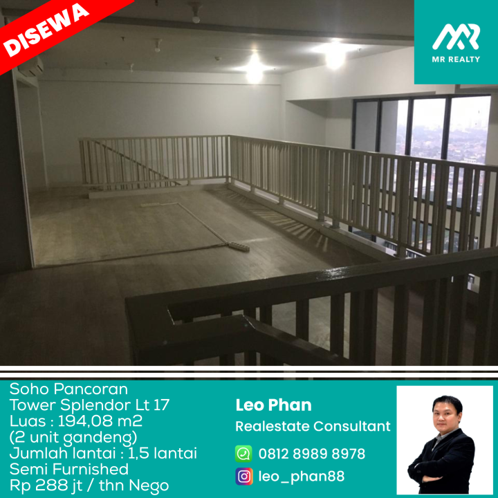 Soho Pancoran Tower Splendor Lt 17, 1,5 Lantai, Luas 194,08 m2, Semi Furnished